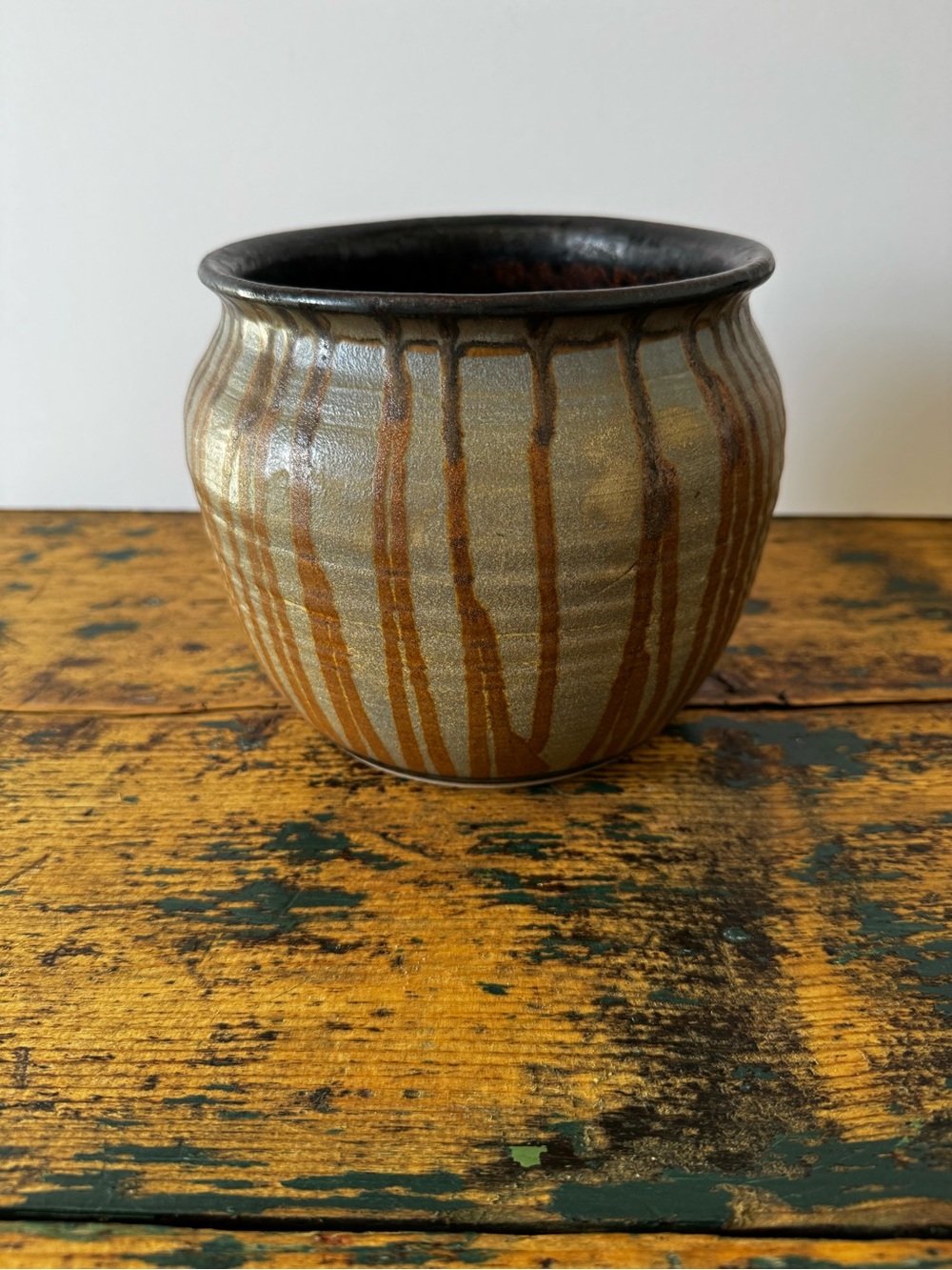 Handcrafted Ceramic Drip-Glaze Pottery Planter in Brown and Tan